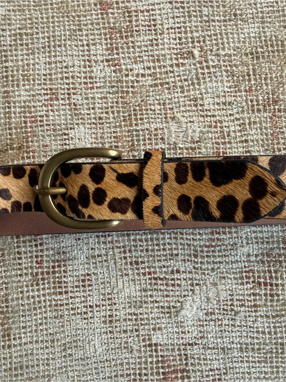 Leopard Print Haircalf Belt with Antiqued Brass Buckle - Tan and Black